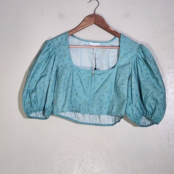 Ganni Blue Floral Puff Sleeve Crop Top - Picture 2 of 9